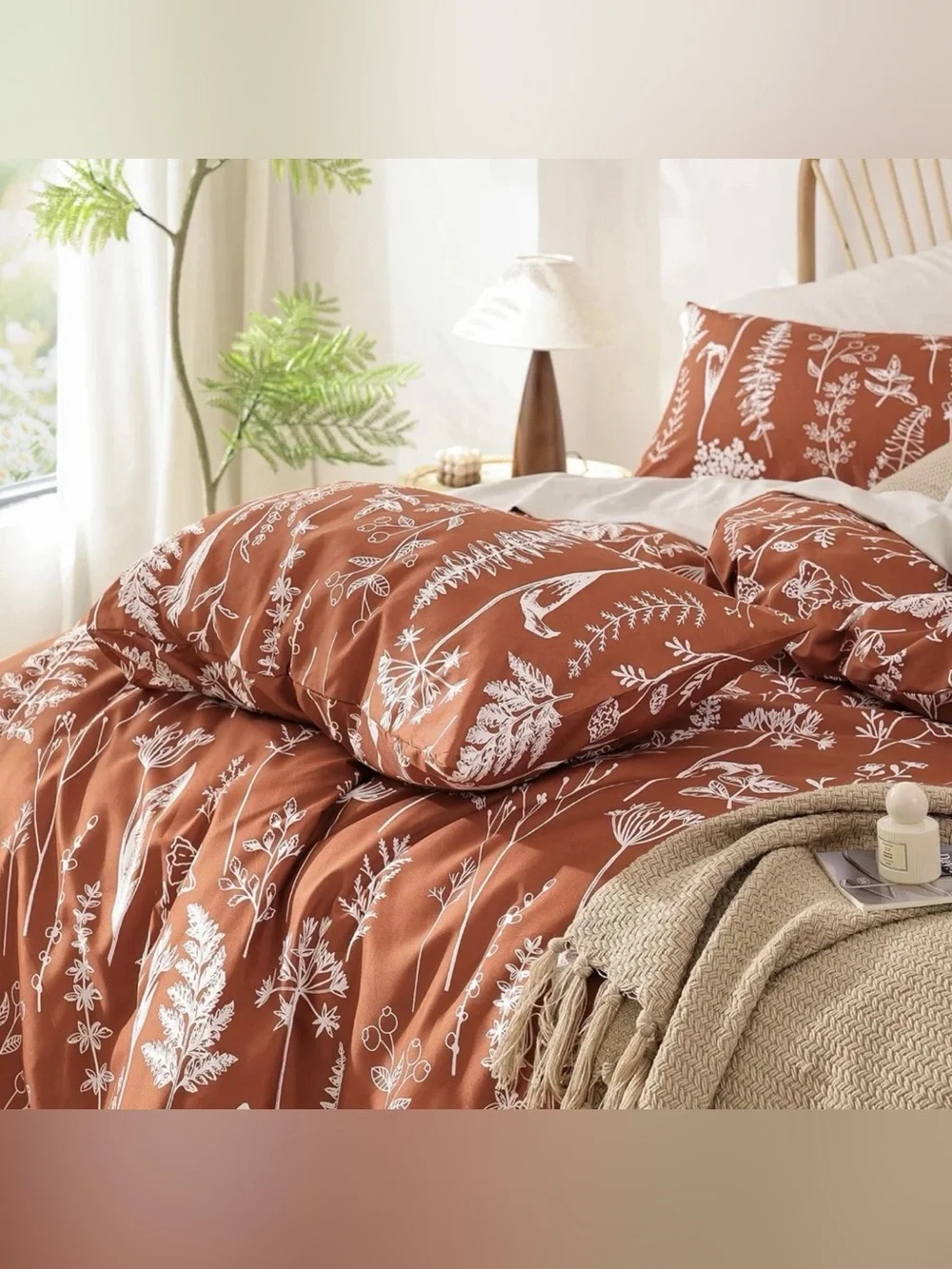 NEW West Elm Red Queen / King Size Comforter Botanical Print Bedding Sham Set